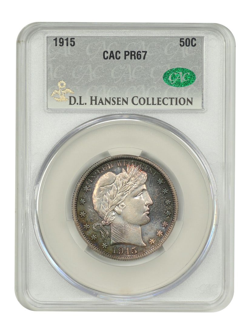 1915 Barber Half Dollar 50C PR67 CACG ex D.L. Hansen: 1915 Barber Half Dollar 50C PR67 CACG ex D.L. Hansen 1915 Barber Half Dollar, 50C denomination, graded PR67 and certified by CACG. Minted in Philadelphia, this Proof example is from a mintage of just 