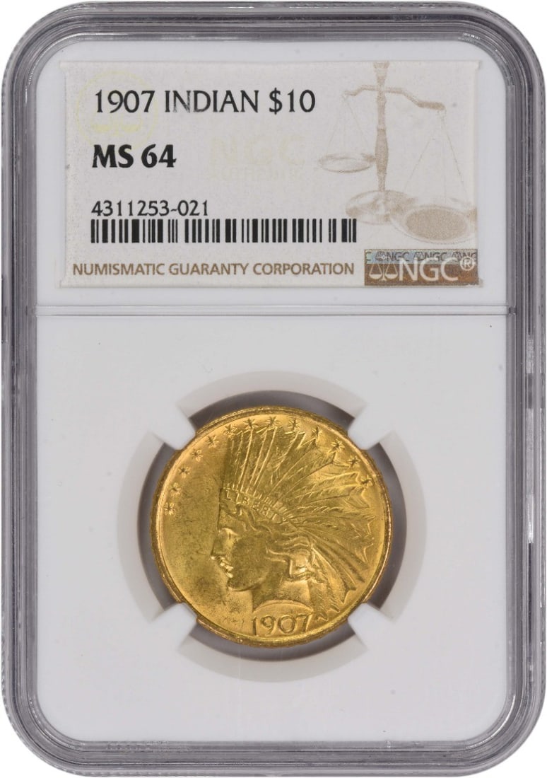 1907 $10 Gold Indian Coin MS64 NGC Uncirculated: 1907 $10 Gold Indian Coin MS64 NGC Uncirculated This stunning 1907 $10 Gold Indian coin, designed by Augustus Saint Gaudens, showcases exceptional craftsmanship and historical significance. Struck in 