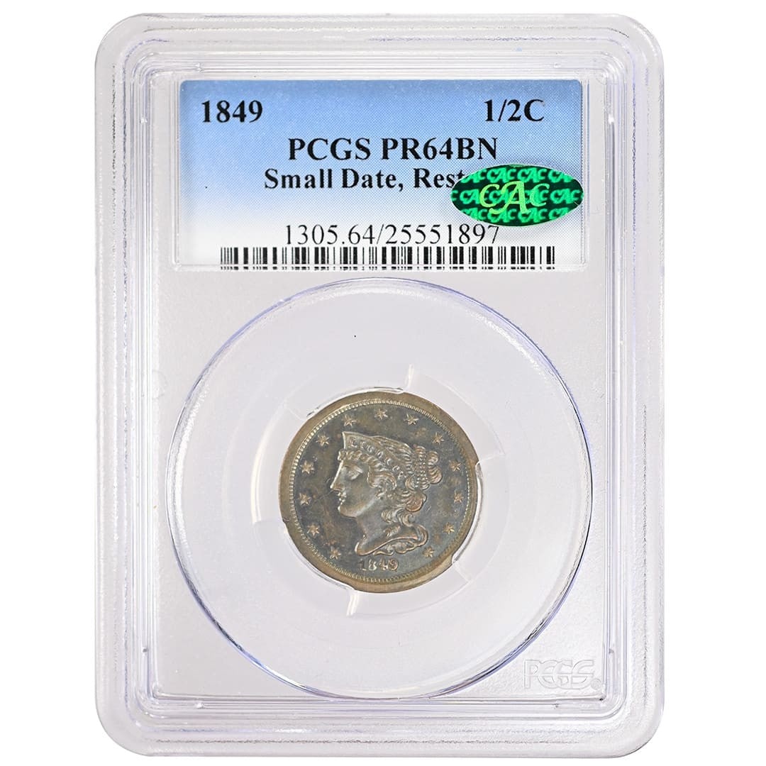 PCGS PR64BN 1849 Braided Hair Half Cent Small Date Restrike: PCGS PR64BN 1849 Braided Hair Half Cent Small Date Restrike This 1849 Braided Hair Half Cent features the Small Date Restrike variety, certified by PCGS with a PR64BN grade. Struck in proof at the Phi