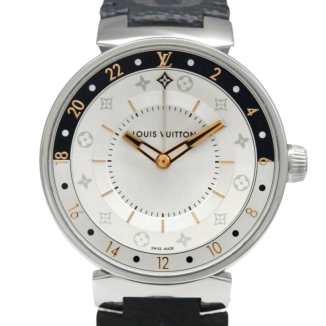 Louis Vuitton Tambour Moon GMT Dual Time Men's Wristwatch: Louis Vuitton Tambour Moon GMT Dual Time Men's Wristwatch This pre-owned Louis Vuitton Tambour Moon Dual Time GMT QA105 wristwatch is designed for men and crafted in Switzerland. It features dual time
