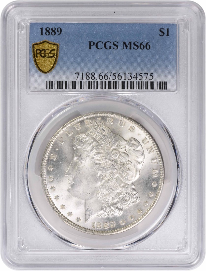 PCGS MS66 1889 Morgan Dollar 90 Percent Silver Philadelphia Mint: PCGS MS66 1889 Morgan Dollar 90 Percent Silver Philadelphia Mint This 1889 Morgan Silver Dollar is graded MS66 by PCGS and remains uncirculated. Struck in Philadelphia with no mint mark, it features a