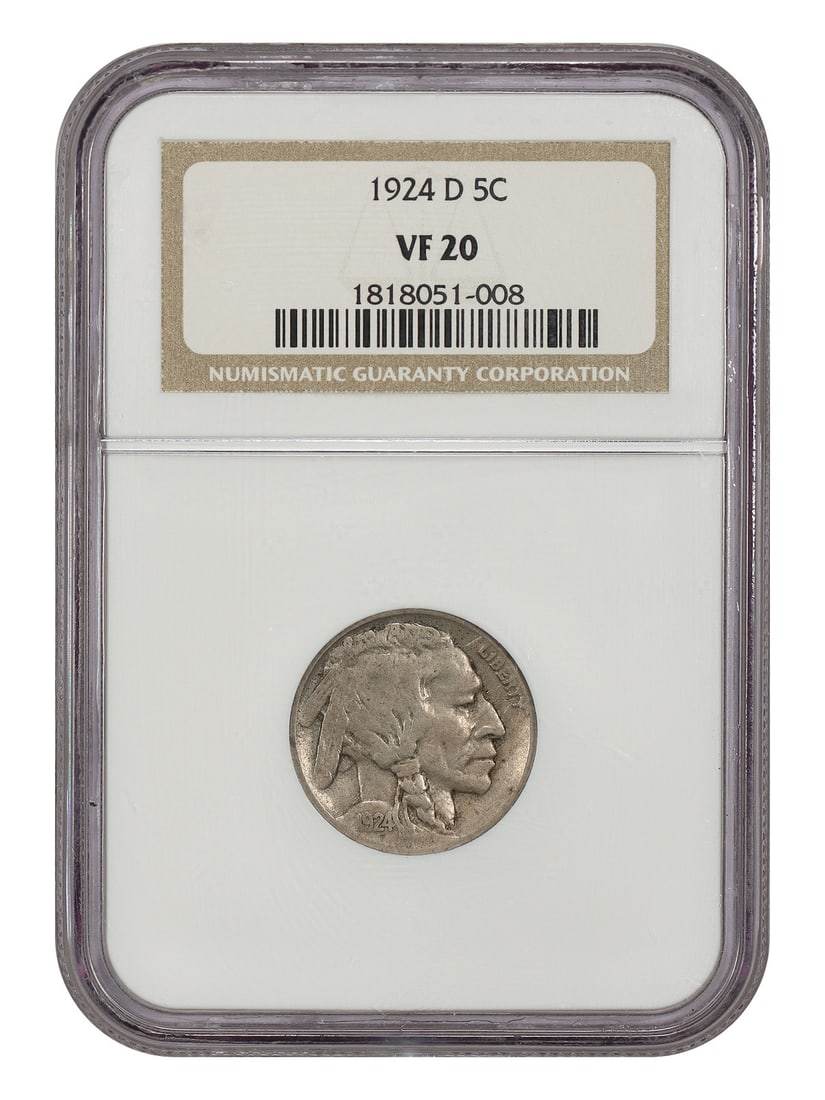 Buffalo Nickel 1924 D 5C NGC VF20: Buffalo Nickel 1924 D 5C NGC VF20 This 1924-D Buffalo Nickel is a circulated 5C coin from the Denver mint, certified by NGC with a VF20 grade. It is listed as pre-owned and includes certification numb