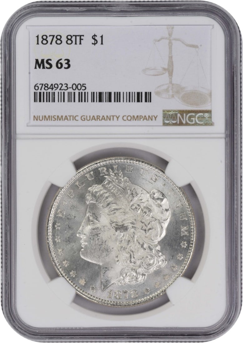 1878 Morgan Dollar NGC MS63 8 Tail Feathers: 1878 Morgan Dollar NGC MS63 8 Tail Feathers This is an 1878 Morgan Silver Dollar featuring the 8 Tail Feathers design. Certified by NGC with a grade of MS63, this uncirculated coin was minted in Phila