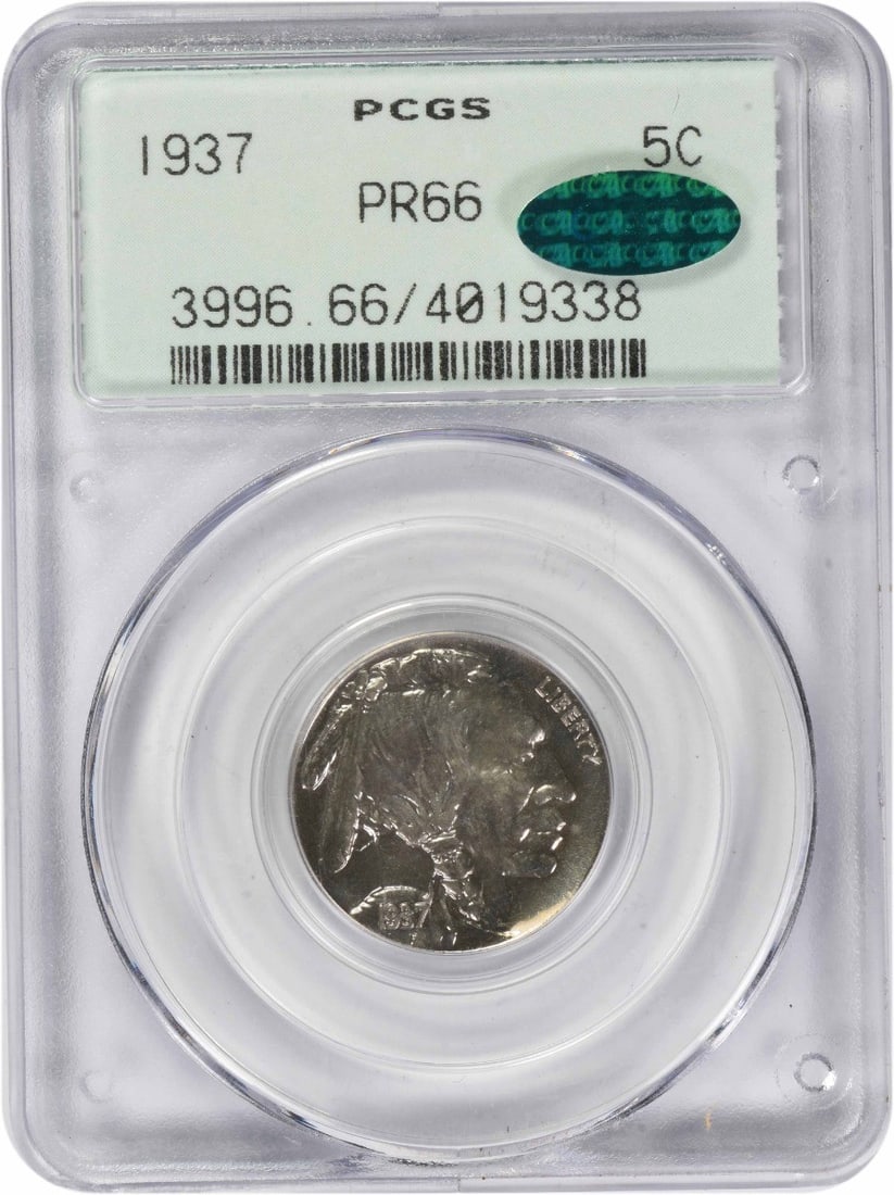 Proof 1937 Buffalo Nickel PR66 Certified by PCGS CAC: Proof 1937 Buffalo Nickel PR66 Certified by PCGS CAC This 1937 Buffalo Nickel is a proof strike graded PR66 by PCGS and certified by CAC. The coin was minted in Philadelphia and features the iconic de