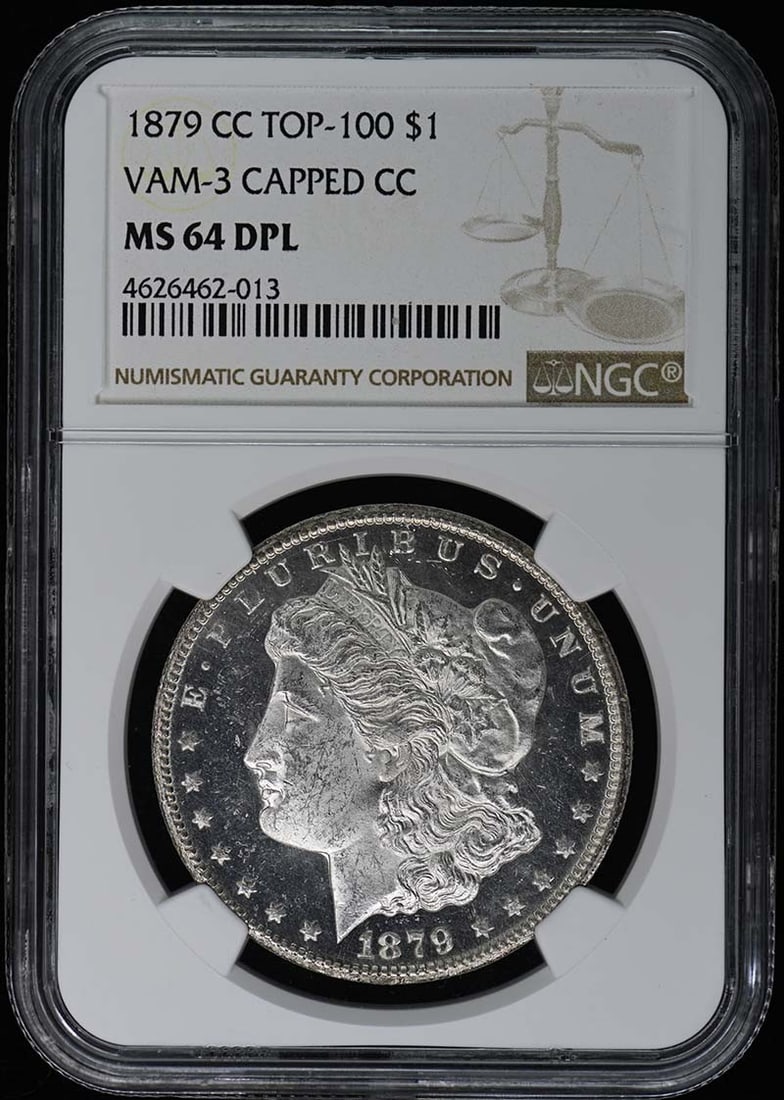 1879-CC Morgan Dollar VAM-3 Capped CC NGC MS64DMPL: 1879-CC Morgan Dollar VAM-3 Capped CC NGC MS64DMPL This 1879-CC Morgan Dollar features the rare VAM-3 Capped CC variety and is graded as MS64 by NGC, ensuring its high quality and appeal to collectors