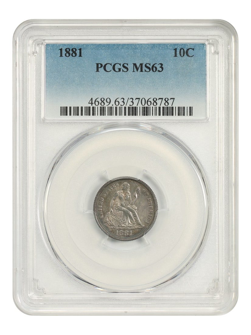PCGS MS63 1881 Liberty Seated Dime 10C Philadelphia: PCGS MS63 1881 Liberty Seated Dime 10C Philadelphia 1881 Liberty Seated Dime, denomination 10C, struck at the Philadelphia Mint. Certified by PCGS as MS63, this uncirculated coin is described as a ver