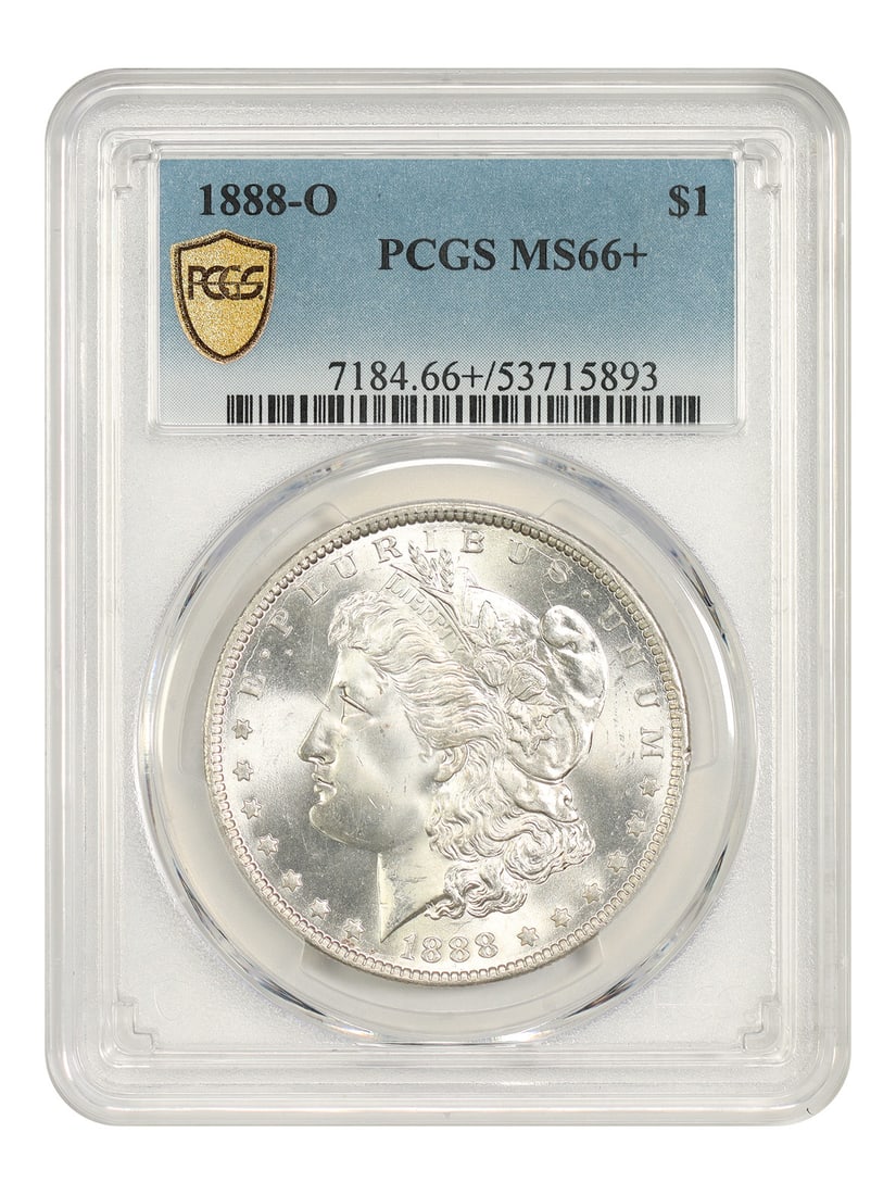 1888 O Morgan Dollar $1 PCGS MS66+ New Orleans Mint: 1888 O Morgan Dollar $1 PCGS MS66+ New Orleans Mint 1888-O Morgan Dollar $1 certified by PCGS as MS66+. This New Orleans Mint issue is uncirculated and features soft satin luster over linen white surf