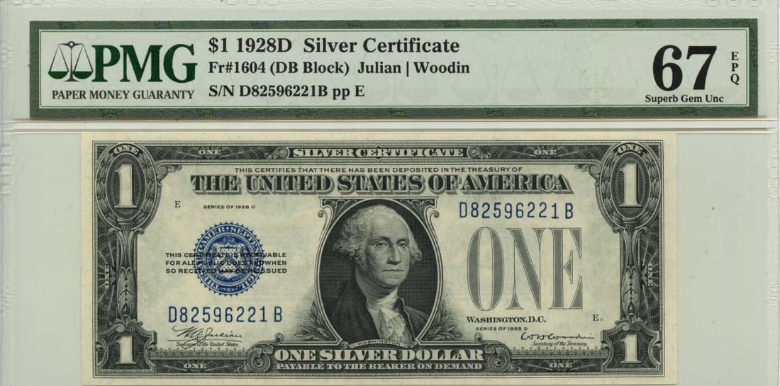 1928D $1 Silver Certificate Blue Seal PMG 67 EPQ Type 1604: 1928D $1 Silver Certificate Blue Seal PMG 67 EPQ Type 1604 This is a 1928D $1 Silver Certificate featuring a blue seal, designated as Fr# 1604. It is graded as Superb 67 EPQ by PMG, indicating it is i