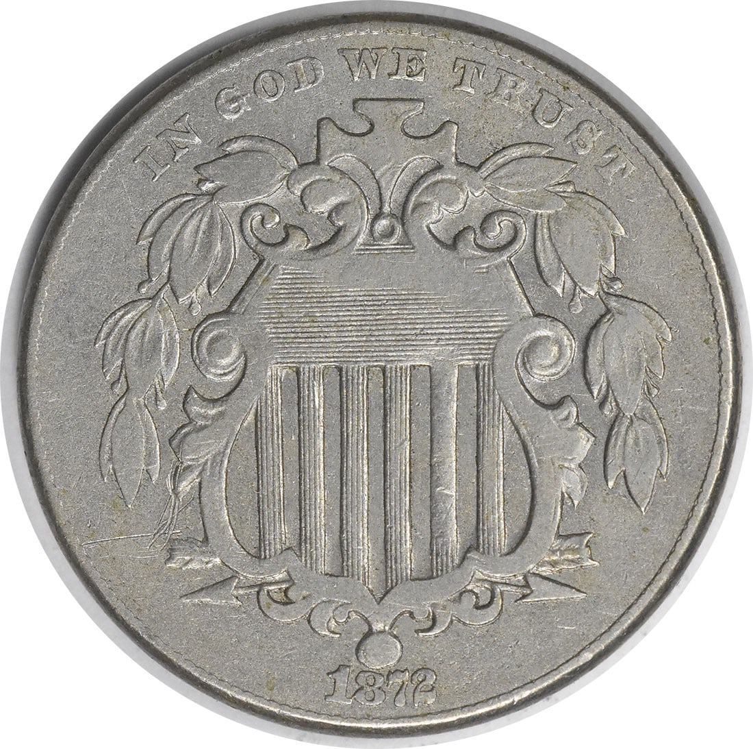 United States 1872 Shield 5C Nickel VF Uncertified: United States 1872 Shield 5C Nickel VF Uncertified 1872 Shield Nickel in VF grade and circulated condition. This pre-owned United States coin is made of nickel and has a denomination of 5C. It is unce
