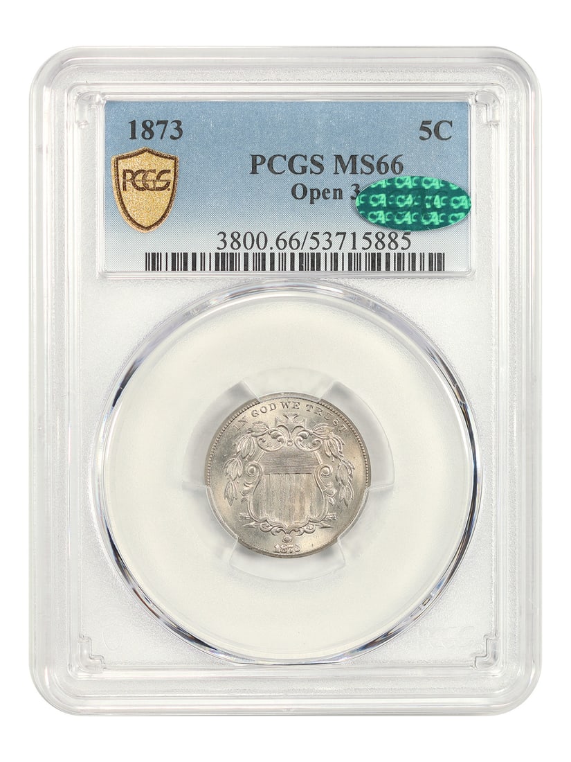 Shield Nickel 1873 Open 3 5C PCGS CAC MS66: Shield Nickel 1873 Open 3 5C PCGS CAC MS66 1873 Shield Nickel, denomination 5C, struck in Philadelphia and certified by PCGS as MS66. This uncirculated example is the Open 3 variety and carries certif