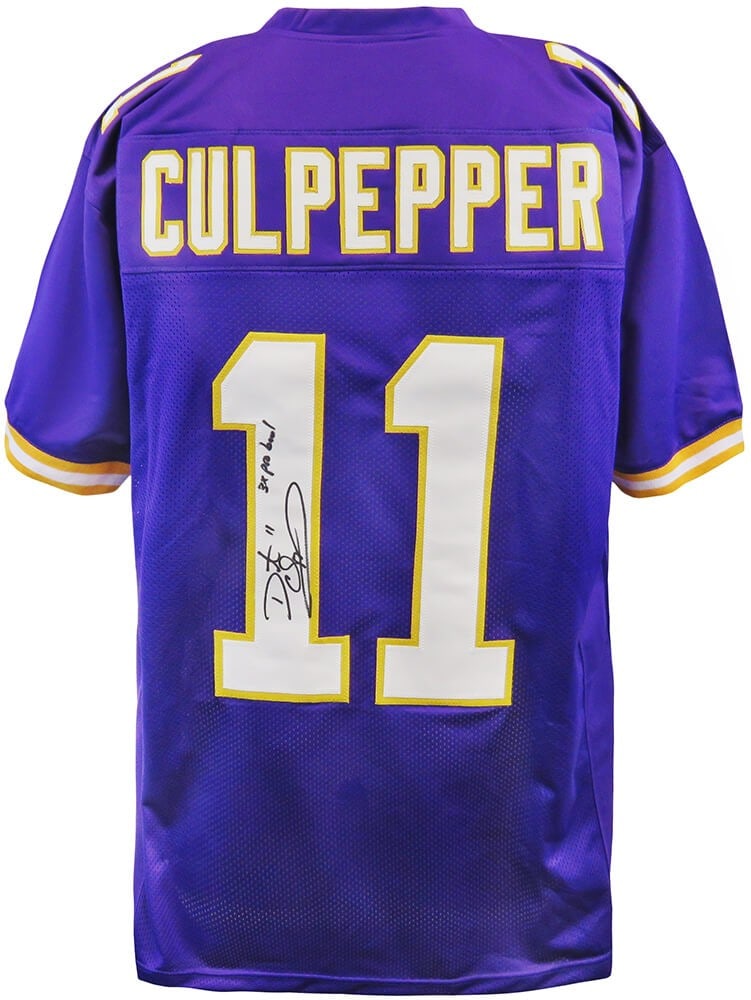 Daunte Culpepper Signed Purple Custom Jersey 3x Pro Bowl with COA: Daunte Culpepper Signed Purple Custom Jersey 3x Pro Bowl with COA This is a Daunte Culpepper signed purple throwback custom football jersey, featuring the inscription '3x Pro Bowl'. This original NFL 