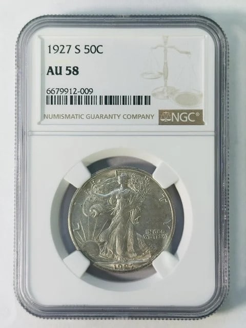 1927-S Walking Liberty Half Dollar NGC AU-58: 1927-S Walking Liberty Half Dollar NGC AU-58 This 1927 S Walking Liberty Half Dollar has been certified by NGC with a grade of AU 58. Composed of silver, this coin was minted in San Francisco and is c