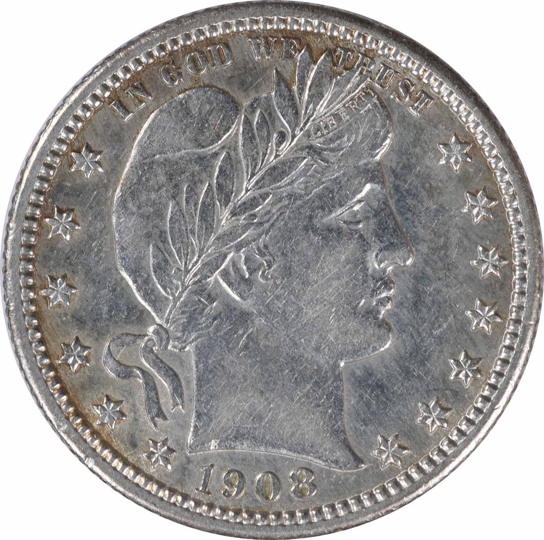 1908-D Barber Quarter 90% Silver AU Uncertified Denver Mint: 1908-D Barber Quarter 90% Silver AU Uncertified Denver Mint This 1908-D Barber Silver Quarter is a notable piece of American numismatic history. Struck in Denver, this coin features a design by Charle