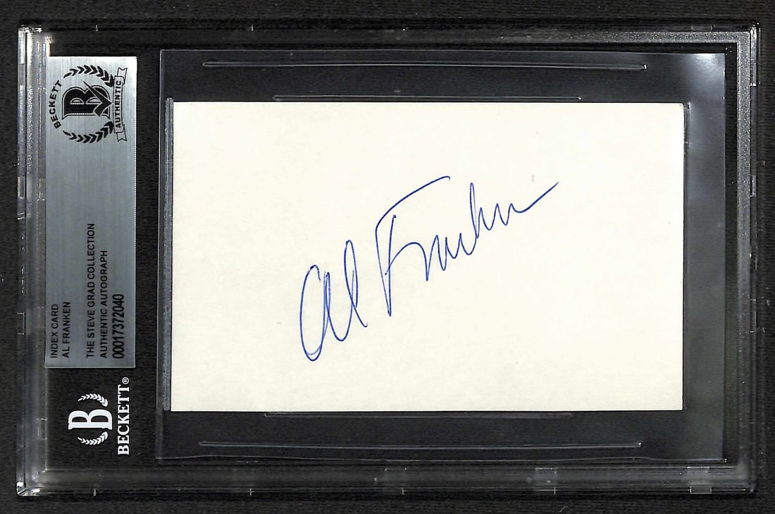 Beckett slabbed Al Franken signed 3x5 index card: Beckett slabbed Al Franken signed 3x5 index card This 3x5 inch index card features the authentic, hand-signed autograph of Al Franken, known for his work on 'Saturday Night Live' and his career as a U