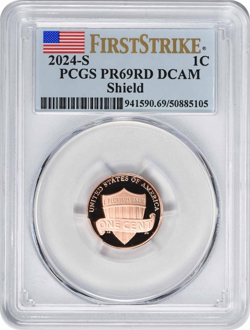 PCGS PR69RD DCAM First Strike 2024-S Lincoln Shield Proof Cent: PCGS PR69RD DCAM First Strike 2024-S Lincoln Shield Proof Cent This 2024-S Lincoln Cent is a proof coin graded PR69RD Deep Cameo (DCAM) by PCGS and features the First Strike designation. Struck at the