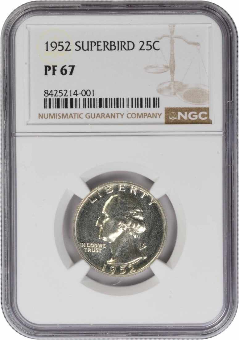 1952 Superbird Washington Quarter Proof PR67 NGC Certified Silver Coin: 1952 Superbird Washington Quarter Proof PR67 NGC Certified Silver Coin This 1952 Washington Silver Quarter is a Superbird variety, certified by NGC with a grade of PR67. Struck as a proof coin at the 