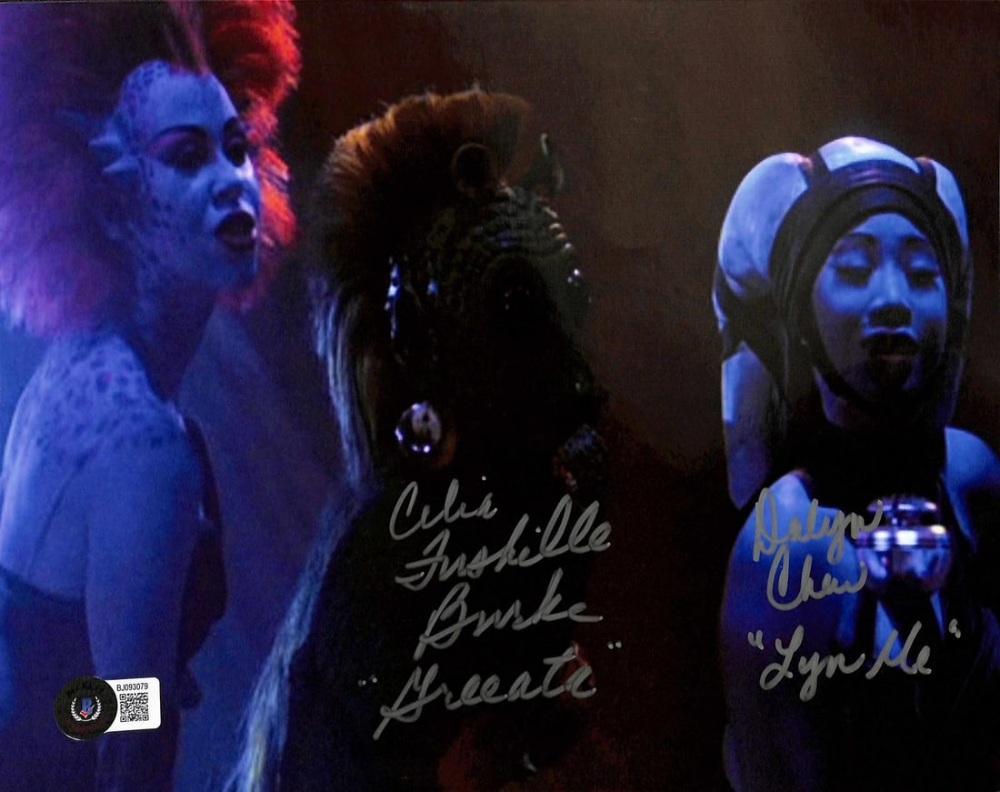 Beckett Authenticated Star Wars Return of the Jedi 8x10 Signed Photo: Beckett Authenticated Star Wars Return of the Jedi 8x10 Signed Photo This is an 8x10 color photograph from Star Wars: Return of the Jedi, featuring Dalyn Chew as Lyn Me and Celia Burke as Greeta. The 