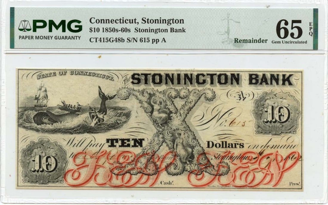Stonington Bank $10 Obsolete Currency PMG MS65 EPQ 1850s Connecticut (1 of 2)