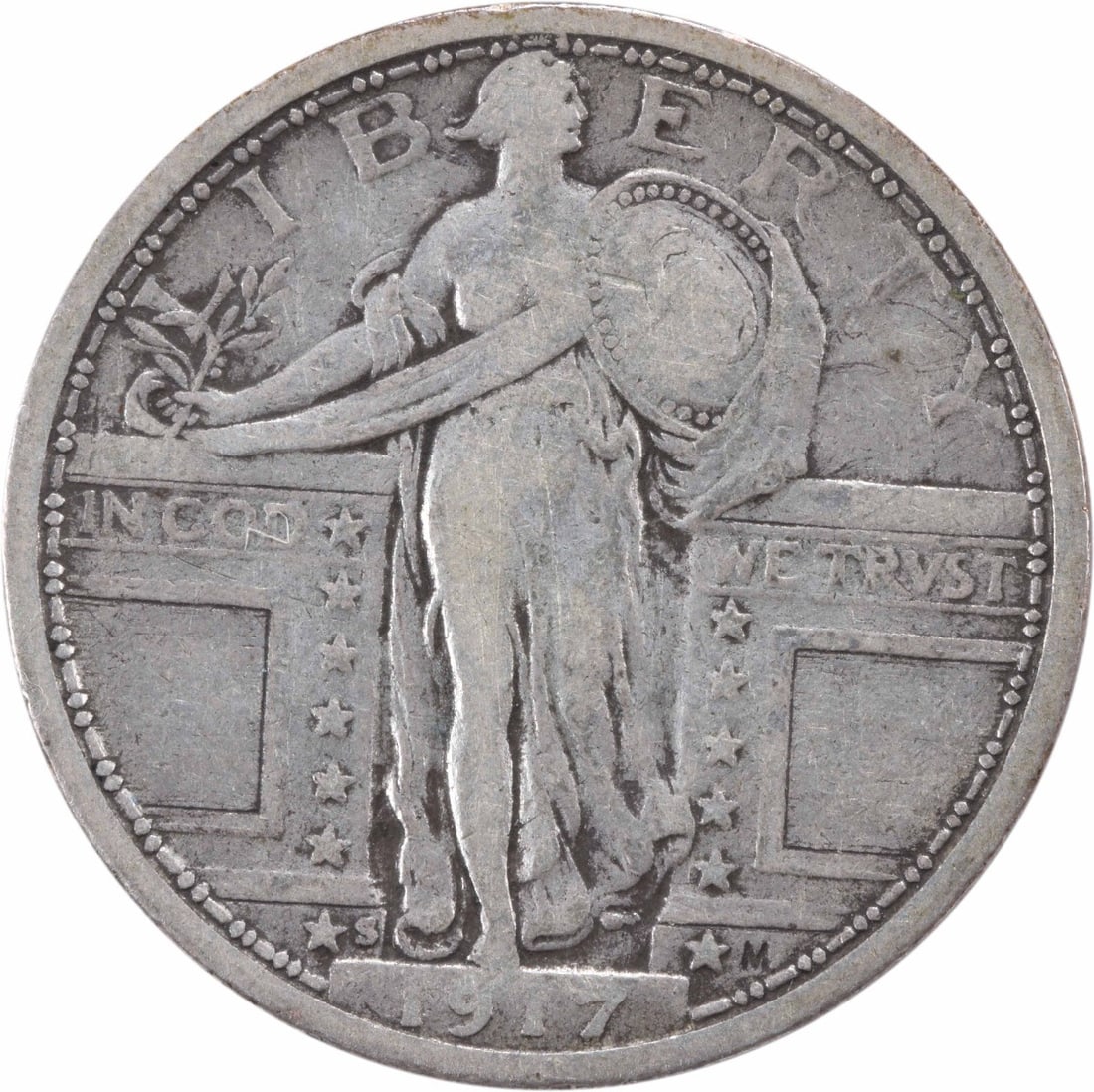 1917-S Standing Liberty Silver Quarter 25C by Hermon A Mac Neil: 1917-S Standing Liberty Silver Quarter 25C by Hermon A Mac Neil This 1917-S Standing Liberty Silver Quarter, Type 1, features a striking design by Hermon A. Mac Neil. This coin is circulated and grade