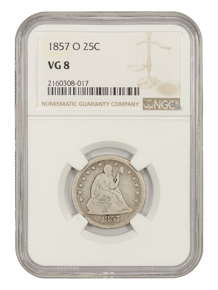 NGC VG08 1857-O Liberty Seated 25C New Orleans: NGC VG08 1857-O Liberty Seated 25C New Orleans 1857-O Liberty Seated Quarter, denominated 25C and struck at the New Orleans Mint. The coin is circulated and certified by NGC with grade VG08. It is des