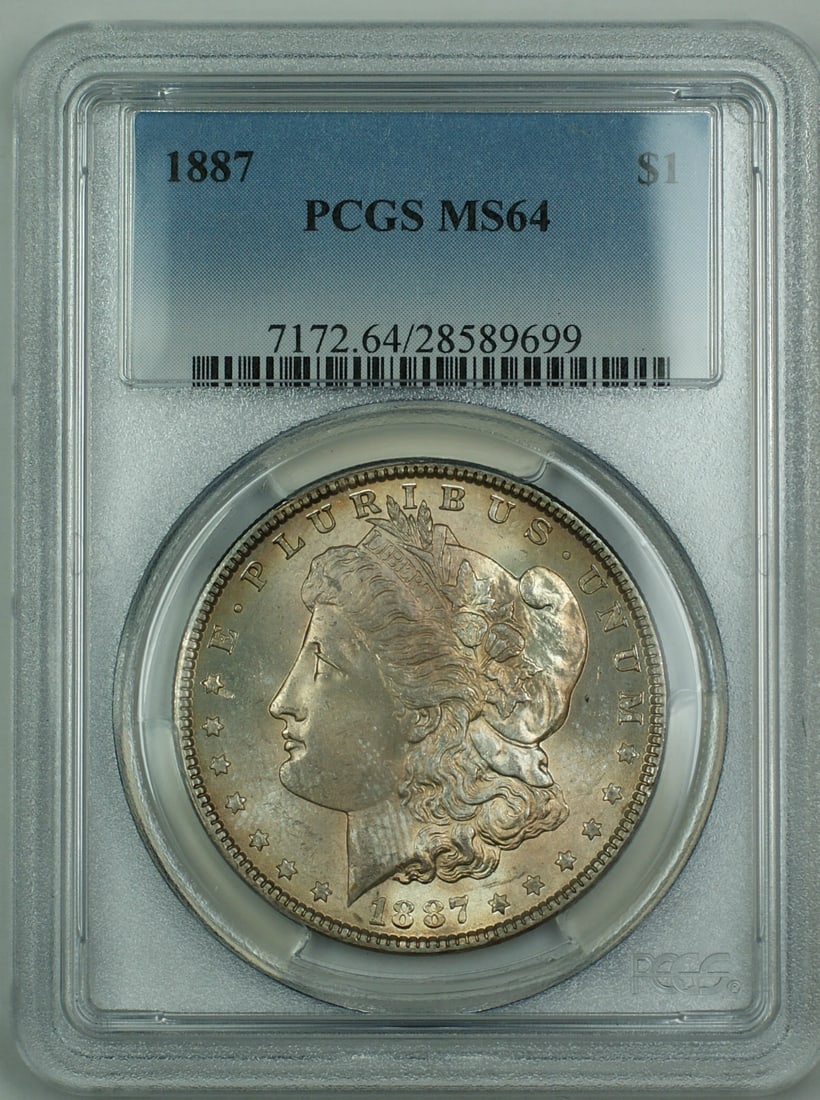 PCGS MS-64 1887 Silver Morgan Dollar Philadelphia Light Toning: PCGS MS-64 1887 Silver Morgan Dollar Philadelphia Light Toning This 1887 Morgan Silver Dollar features a lightly toned finish and has been graded MS-64 by PCGS. Minted in Philadelphia, the coin is com