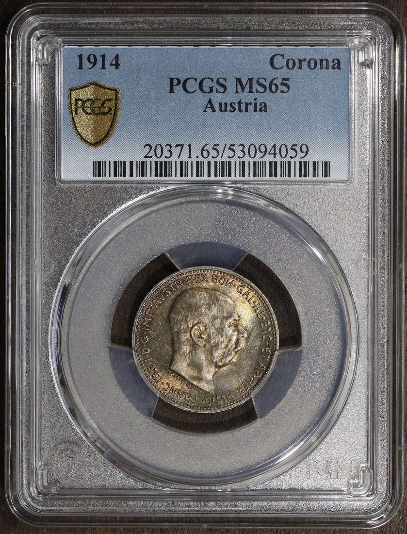 PCGS MS65 Austria 1914 Silver 1 Corona Rainbow Toned GEM: PCGS MS65 Austria 1914 Silver 1 Corona Rainbow Toned GEM This 1914 Austria Franz Joseph 1 Corona coin is composed of 0.835 fine silver and has been graded MS65 by PCGS. Featuring attractive rainbow to
