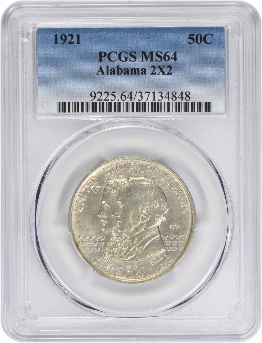 1921 Alabama Commemorative Half Dollar 90 Percent Silver PCGS MS64: 1921 Alabama Commemorative Half Dollar 90 Percent Silver PCGS MS64 This Alabama 2x2 Commemorative Half Dollar from 1921 is graded MS64 by PCGS. Struck at the Philadelphia Mint, this uncirculated coin 