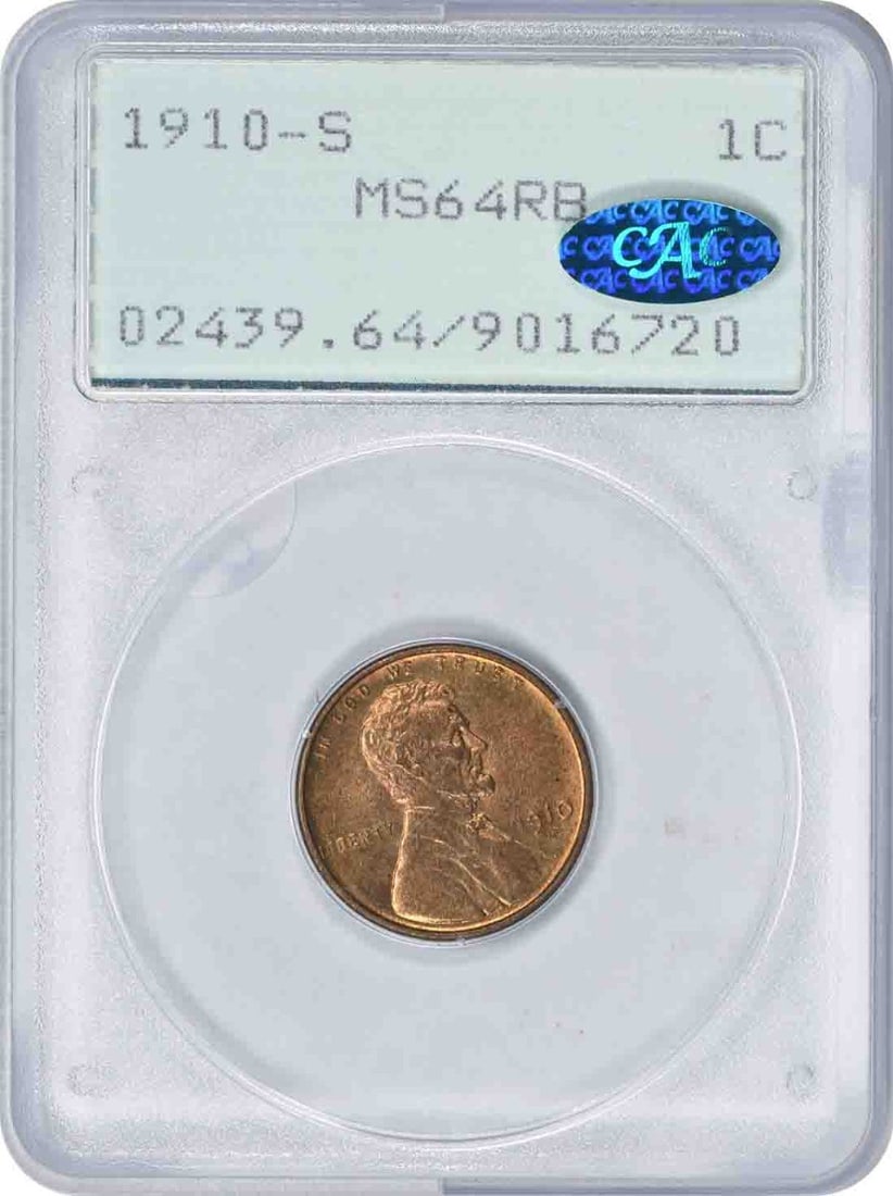 PCGS MS64RB 1910-S Lincoln Wheat Cent CAC OGH: PCGS MS64RB 1910-S Lincoln Wheat Cent CAC OGH This is a 1910-S Lincoln Wheat Cent graded MS64RB by PCGS, presented in an old green holder and approved by CAC. The coin is uncirculated, composed of cop
