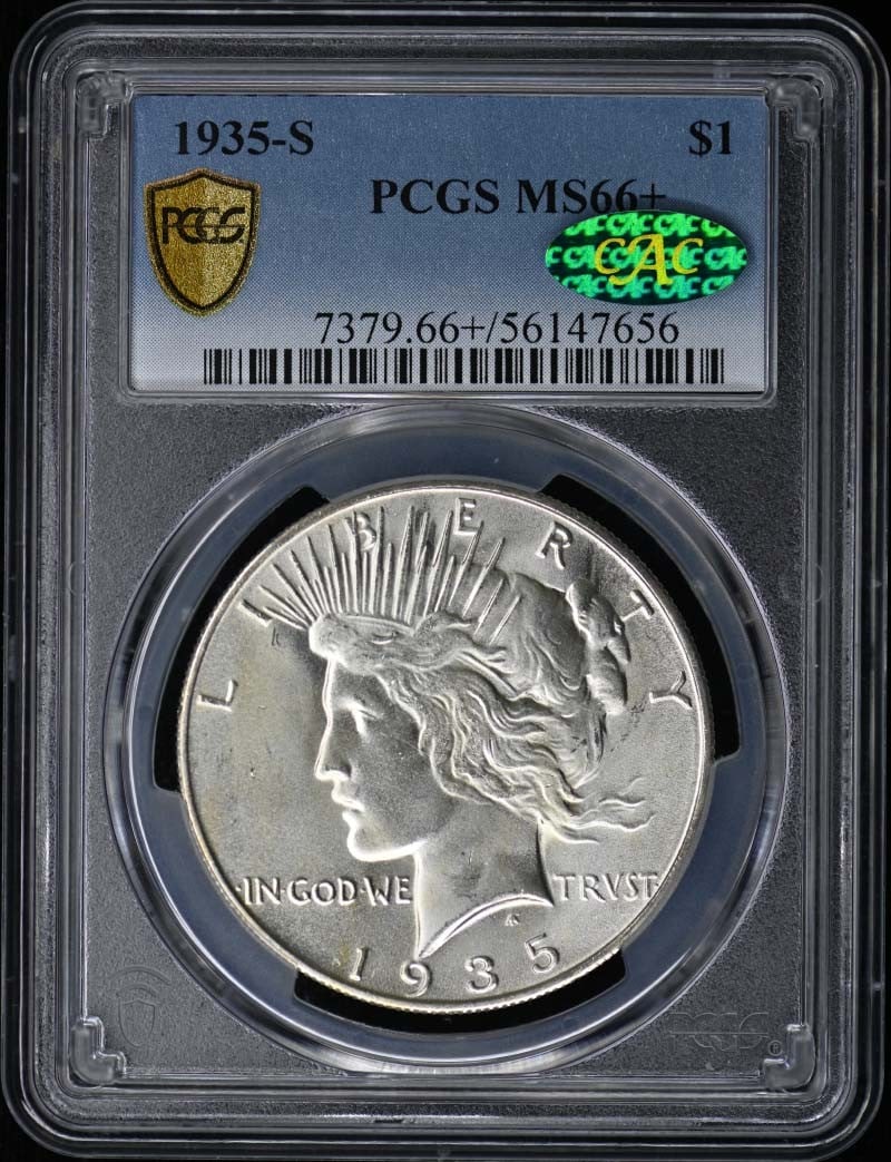 PCGS CAC 1935-S Peace Dollar MS66+: PCGS CAC 1935-S Peace Dollar MS66+ This 1935 Peace Dollar is graded MS66+ by PCGS and features the CAC designation, indicating exceptional quality for the grade. Struck in San Francisco, this uncircul