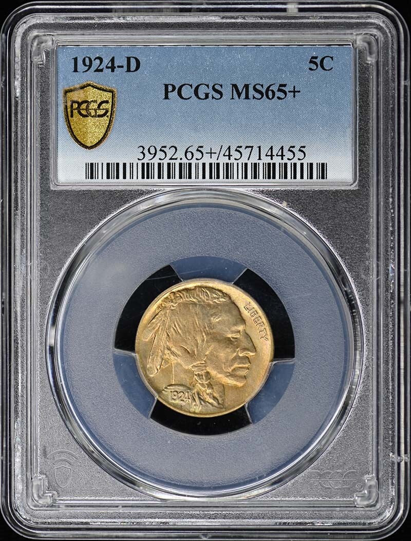 1924-D Buffalo Nickel MS65+ Certified by PCGS: 1924-D Buffalo Nickel MS65+ Certified by PCGS This 1924-D Buffalo Nickel is certified by PCGS with a grade of MS65+, indicating its uncirculated condition and high quality. Minted in Denver, this coin
