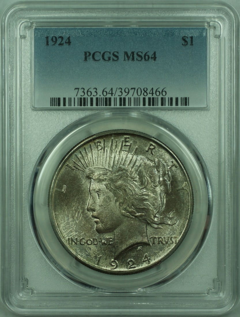 PCGS MS64 Toned 1924 Peace Dollar Silver: PCGS MS64 Toned 1924 Peace Dollar Silver This is a 1924 Peace Silver Dollar $1 coin graded MS-64 by PCGS. Struck in Philadelphia, this uncirculated silver coin features attractive toning, a fineness o