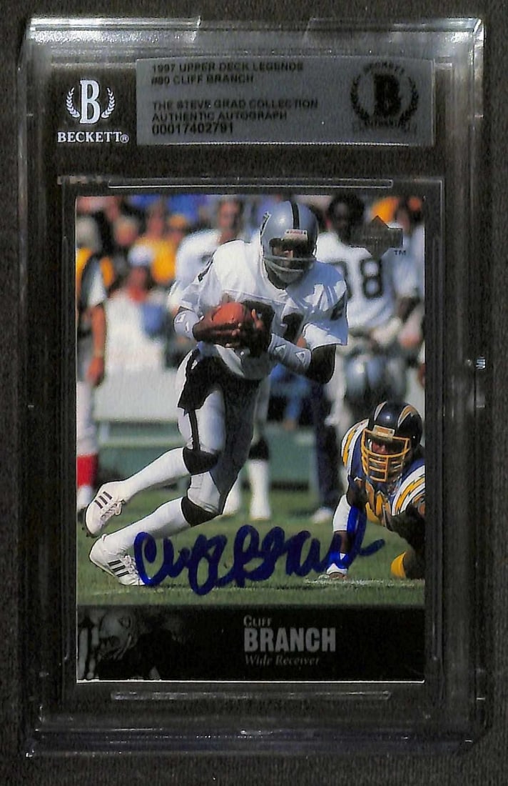 Beckett Slabbed 1997 Upper Deck Legends Cliff Branch Autograph Raiders Card: Beckett Slabbed 1997 Upper Deck Legends Cliff Branch Autograph Raiders Card This is a Cliff Branch hand-signed 1997 Upper Deck Legends #90 trading card featuring the legendary Raiders wide receiver. T