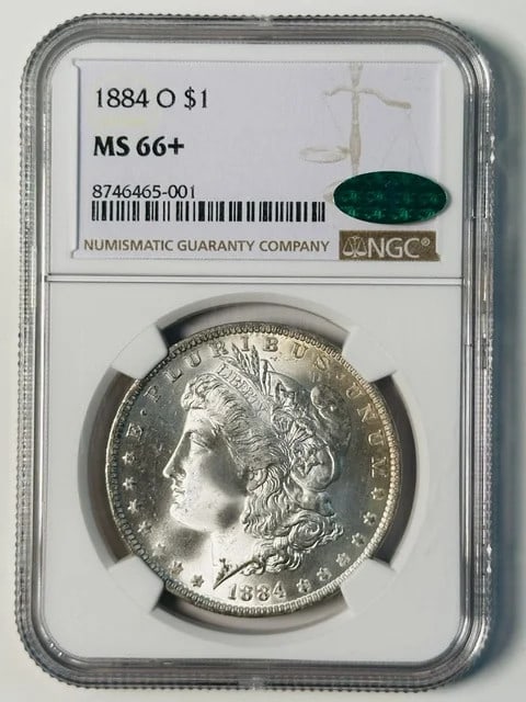 NGC MS-66+ CAC 1884 O Morgan Silver Dollar: NGC MS-66+ CAC 1884 O Morgan Silver Dollar 1884 Morgan Silver Dollar certified by NGC and CAC, graded MS 66+. This pre-owned coin is composed of silver and was minted in New Orleans, USA. The denomina