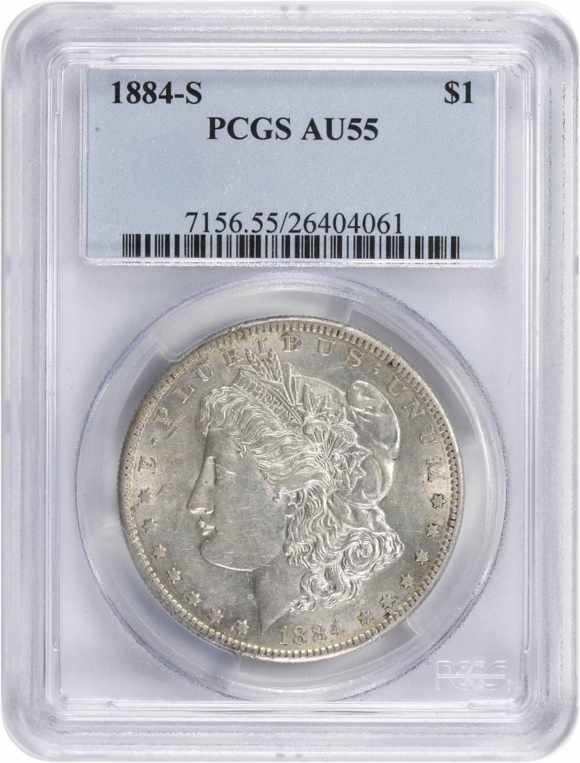 1884-S Morgan Silver Dollar AU55 PCGS San Francisco Coin: 1884-S Morgan Silver Dollar AU55 PCGS San Francisco Coin This 1884-S Morgan Silver Dollar is a stunning example of American numismatic history, certified by PCGS in AU55 condition. Struck in San Franc