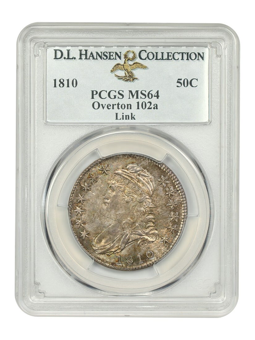 1810 Capped Bust Half Dollar 50C PCGS MS64 Overton-102a ex D.L. Hansen Link: 1810 Capped Bust Half Dollar 50C PCGS MS64 Overton-102a ex D.L. Hansen Link 1810 Capped Bust Half Dollar, denomination 50C, certified by PCGS and graded MS64. Attributed to the Overton-102a variety, t