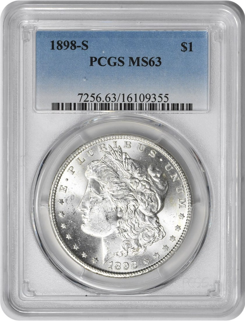 1898-S Morgan Silver Dollar MS63 PCGS Uncirculated Coin: 1898-S Morgan Silver Dollar MS63 PCGS Uncirculated Coin This 1898-S Morgan Silver Dollar showcases exquisite craftsmanship and historical significance. Graded MS63 by PCGS, this uncirculated coin feat