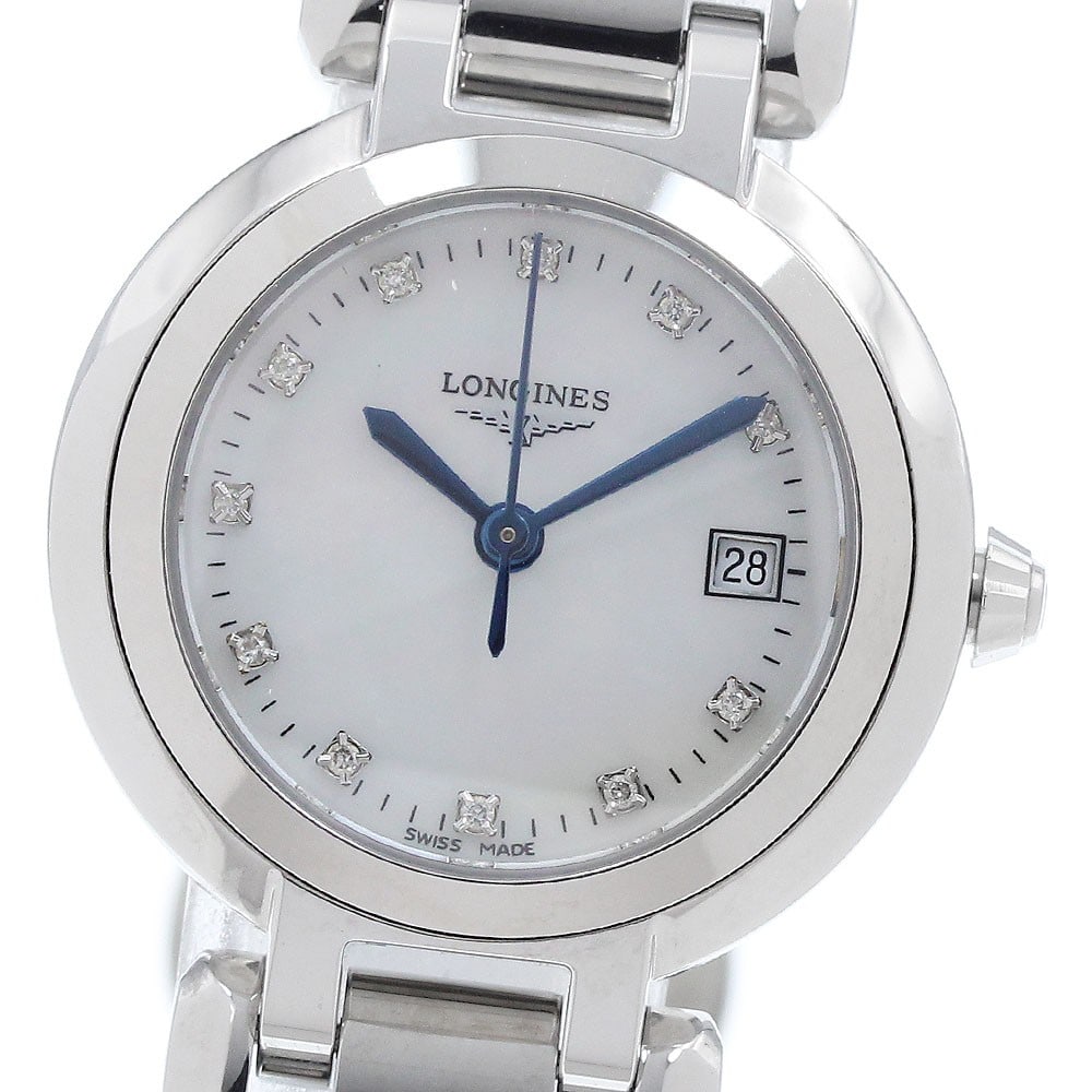 Longines PrimaLuna Quartz Ladies Stainless Steel Date Watch: Longines PrimaLuna Quartz Ladies Stainless Steel Date Watch This Longines PrimaLuna Date Quartz ladies wristwatch features a stainless steel case and bracelet, complemented by a white mother-of-pearl 
