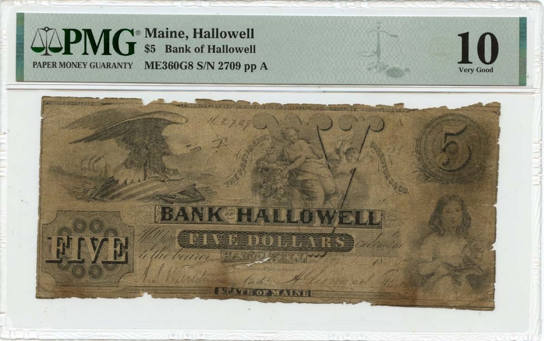 1853 $5 Hallowell Maine Obsolete Note PMG VG10 Certified: 1853 $5 Hallowell Maine Obsolete Note PMG VG10 Certified This 1853 $5 Obsolete Note from the Bank of Hallowell in Maine is a notable piece of currency history. Certified by PMG with a grade of VG10, t
