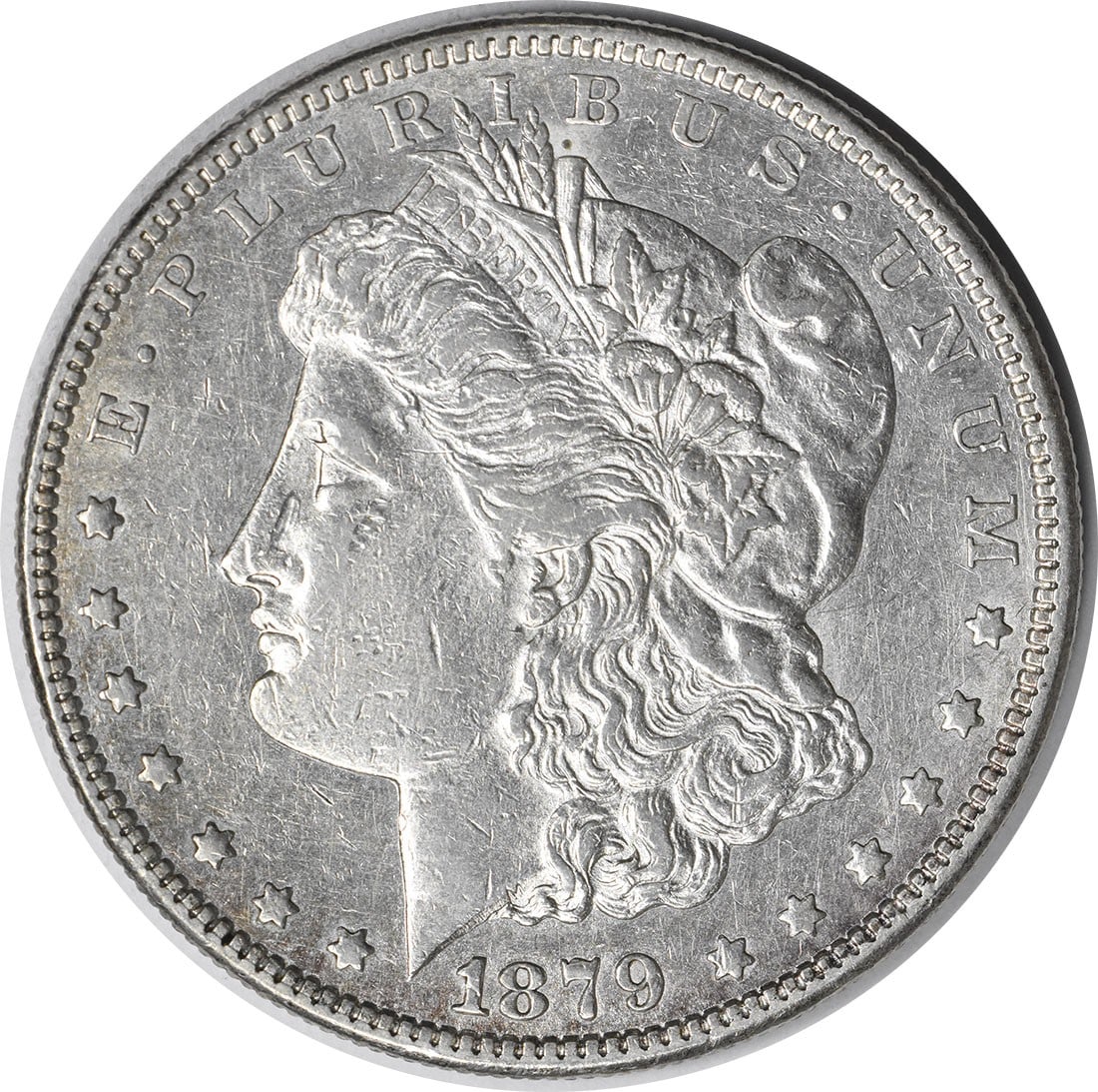 1879-S Morgan Silver Dollar Reverse of 1878 AU Uncertified Coin: 1879-S Morgan Silver Dollar Reverse of 1878 AU Uncertified Coin This 1879-S Morgan Silver Dollar features the Reverse of 1878 design, showcasing the artistry of designer George T. Morgan. The coin, st