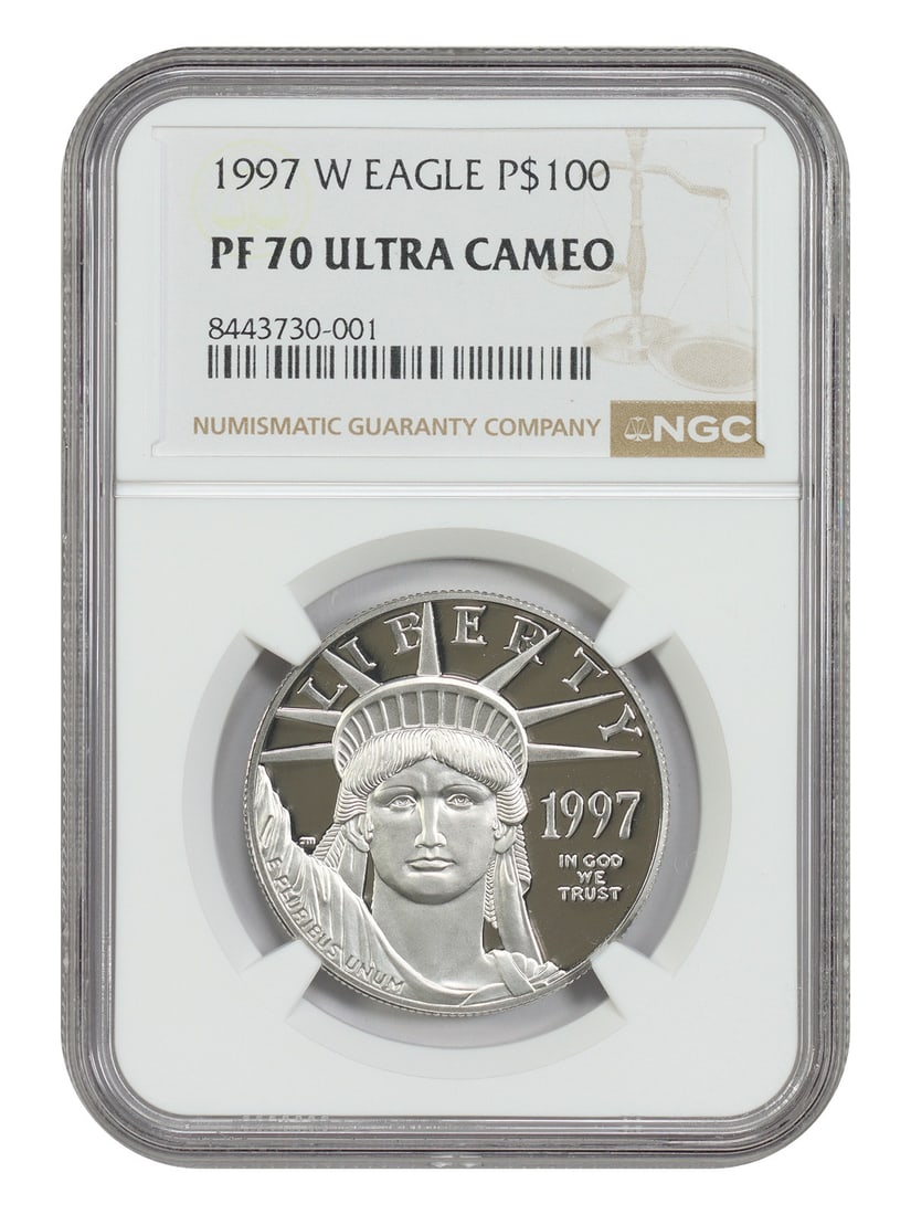 NGC PR70DCAM 1997-W $100 Platinum Eagles Bullion Coin: NGC PR70DCAM 1997-W $100 Platinum Eagles Bullion Coin 1997-W $100 Statue of Liberty Platinum Eagle graded NGC PR70DCAM. This uncirculated coin is from the Platinum Eagles series and was struck at the 