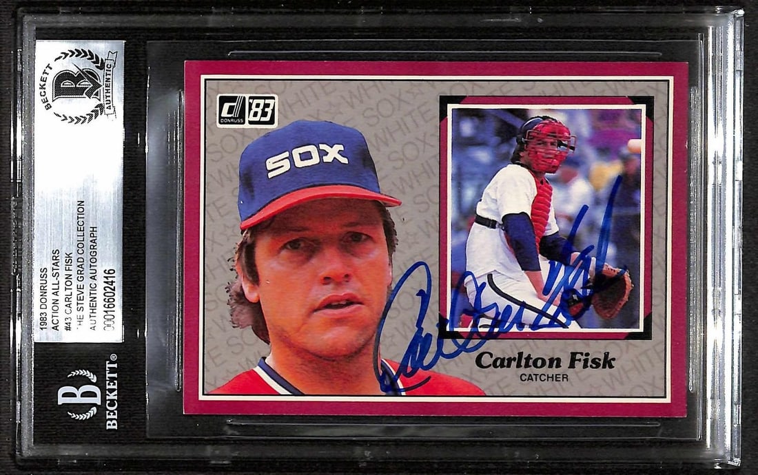Beckett Authenticated Carlton Fisk 1983 Donruss White Sox Autograph Card: Beckett Authenticated Carlton Fisk 1983 Donruss White Sox Autograph Card This is a signed 1983 Donruss Action All Stars baseball card featuring Hall of Fame catcher Carlton Fisk in his Chicago White S