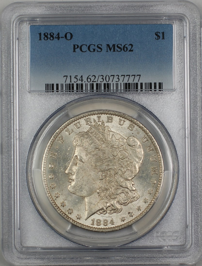 PCGS MS62 1884-O Morgan Silver Dollar: PCGS MS62 1884-O Morgan Silver Dollar This is an 1884-O Morgan Silver Dollar with a $1 denomination, certified by PCGS and graded MS-62. The coin was minted in New Orleans and is composed of silver. I