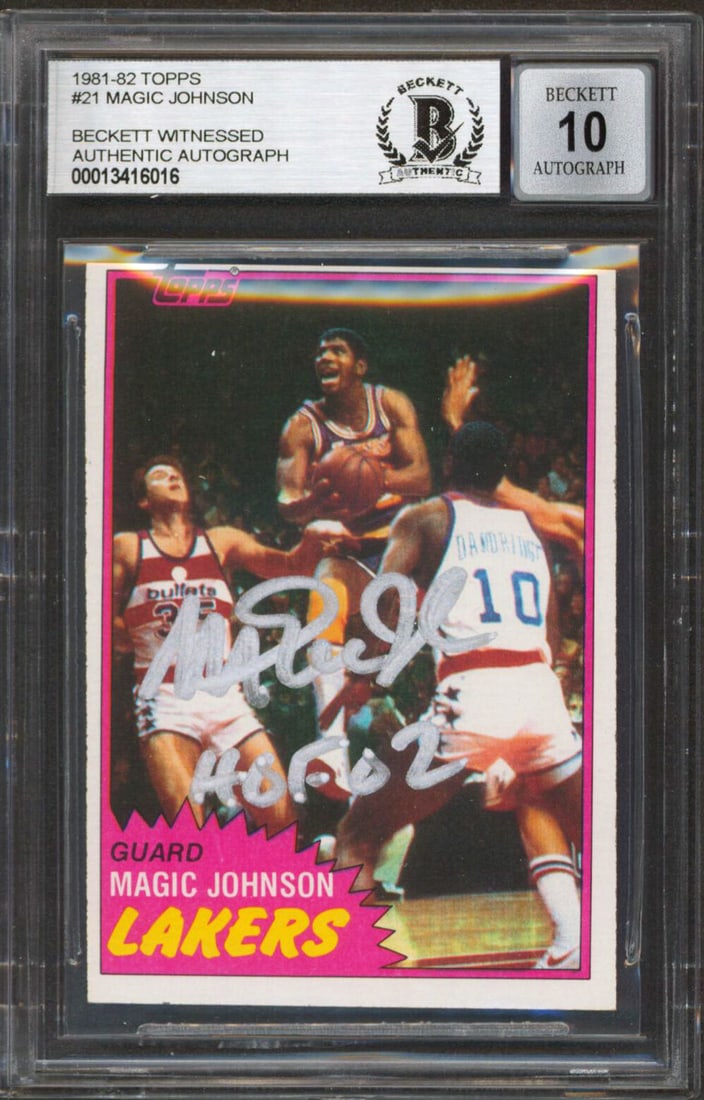 Magic Johnson Signed 1981 Topps 21 Card With HOF 02 Inscription BAS Auto 10: Magic Johnson Signed 1981 Topps 21 Card With HOF 02 Inscription BAS Auto 10 This 1981 Topps #21 basketball card features Magic Johnson of the Los Angeles Lakers and includes his signature with the ins