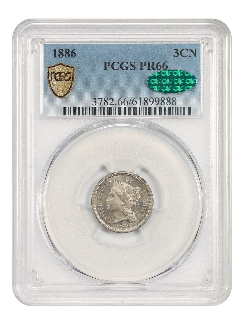 PCGS PR66 CAC 1886 3CN Proof Three Cent Nickel: PCGS PR66 CAC 1886 3CN Proof Three Cent Nickel 1886 Three Cent Nickel graded PR66 by PCGS with CAC approval. Struck in Philadelphia, this uncirculated example is identified by certification number 618