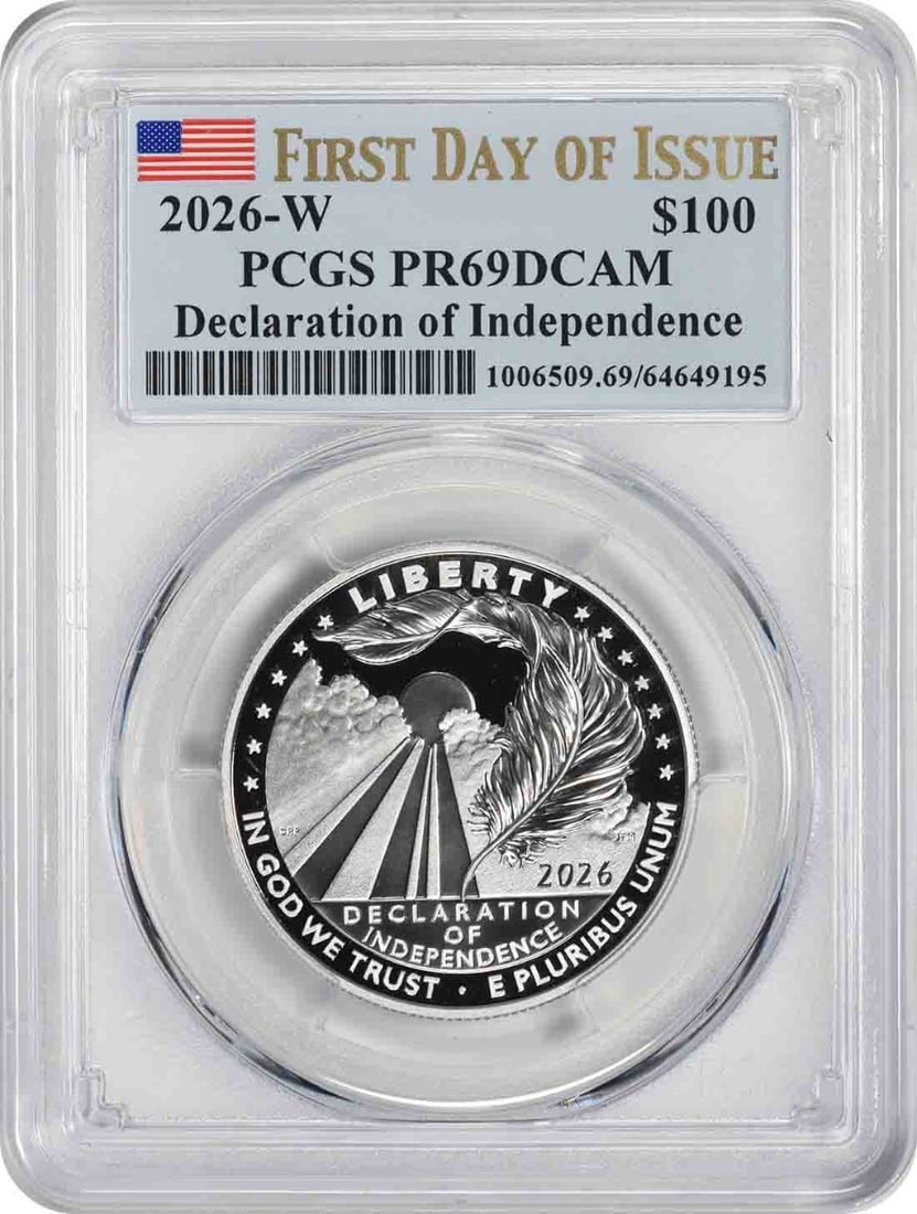 2026-W PCGS PR69DCAM $100 Platinum Eagle First Day of Issue: 2026-W PCGS PR69DCAM $100 Platinum Eagle First Day of Issue This 2026-W $100 American Platinum Eagle coin features the iconic Statue of Liberty design and has been graded PR69 Deep Cameo by PCGS. Stru