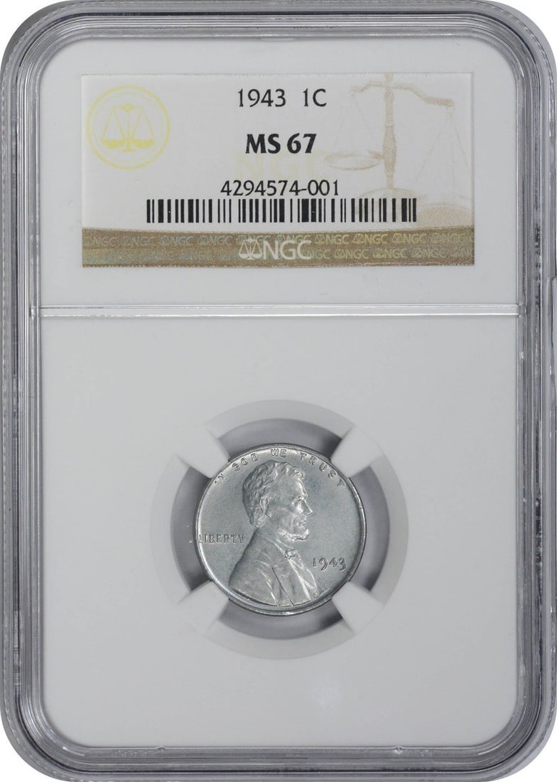 1943 NGC MS67 Steel Lincoln Wheat Cent Philadelphia Mint: 1943 NGC MS67 Steel Lincoln Wheat Cent Philadelphia Mint This 1943 Steel Lincoln Cent is a stunning example of numismatic excellence, graded MS67 by NGC, which signifies its uncirculated condition. Mi