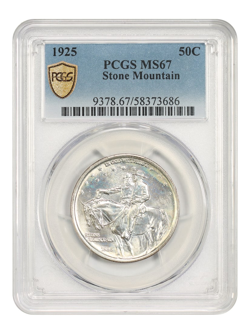PCGS MS67 1925 Stone Mountain 50C Silver Commemorative: PCGS MS67 1925 Stone Mountain 50C Silver Commemorative 1925 Stone Mountain 50C Classic Silver Commemorative coin graded PCGS MS67. This uncirculated Philadelphia issue features the popular Stone Mount