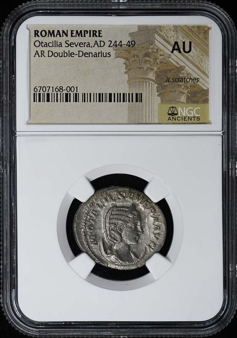 NGC AU50 Roman Double Denarius Otacilia Severa Silver Coin: NGC AU50 Roman Double Denarius Otacilia Severa Silver Coin This Roman Empire AR Double-Denarius coin features Otacilia Severa and dates to AD 244-249. Certified by NGC with an AU50 grade, it is a coll