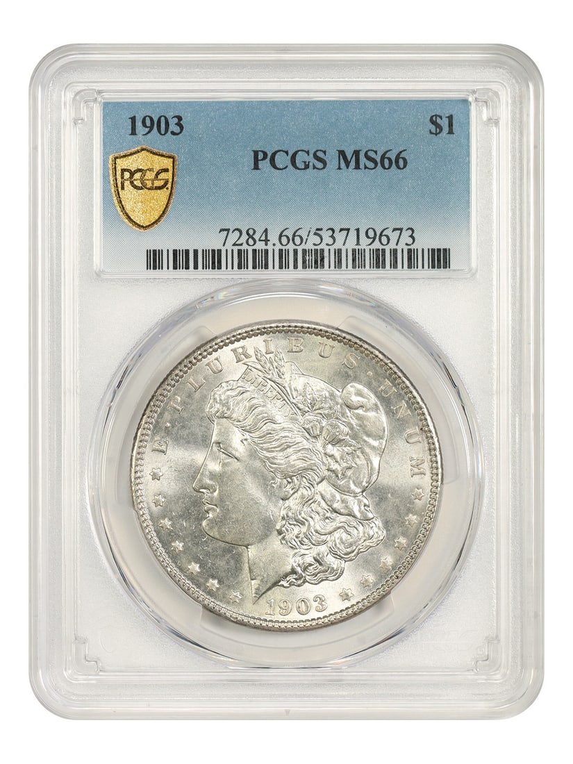 PCGS MS66 1903 Morgan Dollar $1 Philadelphia Issue: PCGS MS66 1903 Morgan Dollar $1 Philadelphia Issue 1903 Morgan Dollar $1 graded PCGS MS66. Struck at the Philadelphia Mint, this uncirculated coin is identified as a slightly better date. Pre-owned an