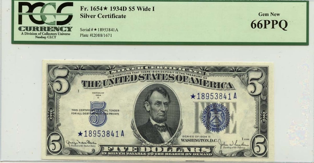 1934D $5 Silver Certificate Type 1654 Star PCGS Gem Uncirculated 66PPQ: 1934D $5 Silver Certificate Type 1654 Star PCGS Gem Uncirculated 66PPQ This is a 1934D $5 Silver Certificate, Wide 1, with the catalog reference number Fr# 1654*. It is graded Gem MS66 by PCGS Currenc